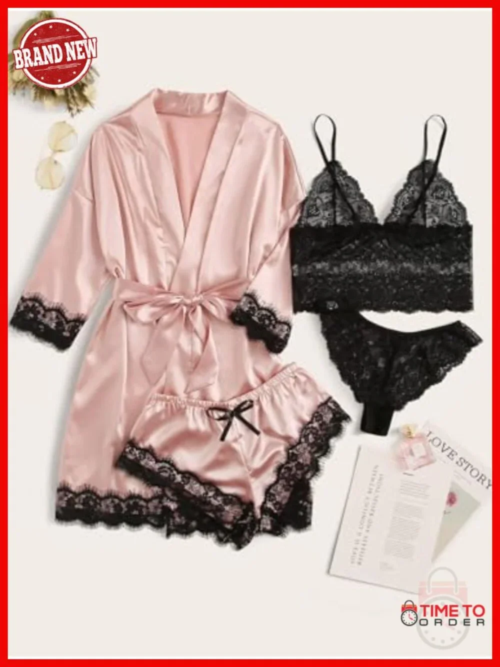 Silk Satin Pajama Set 4pcs Lingerie Cami Sleepwear with Lace Robe